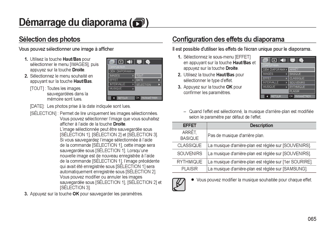 Samsung EC-L310WSBA/FR, EC-L310WNBA/FR, EC-L310WBBA/FR manual Sélection des photos, Conﬁguration des effets du diaporama, 065 