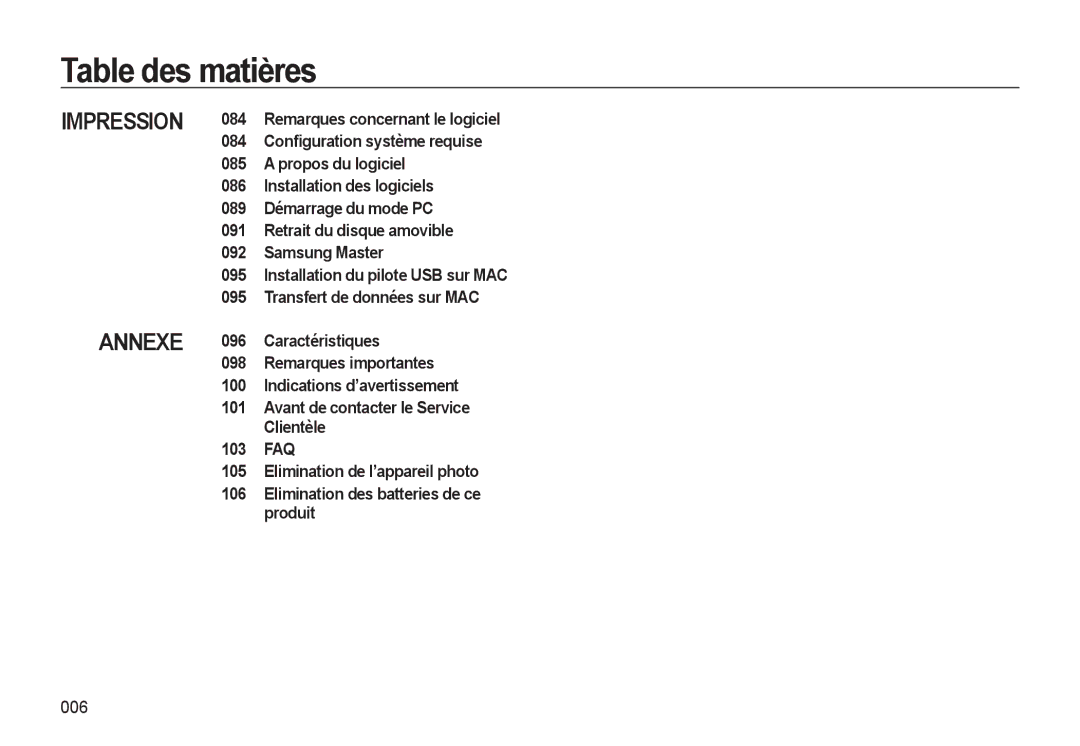Samsung EC-L310WPBA/FR, EC-L310WNBA/FR, EC-L310WBBA/FR, EC-L310WSBA/FR manual Impression Annexe, 006 