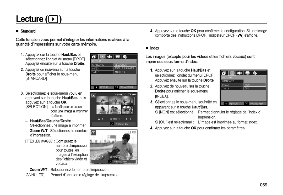 Samsung EC-L310WSBA/FR, EC-L310WNBA/FR, EC-L310WBBA/FR manual Standard, Index, 069, Pour une image à imprimer s’afﬁche 