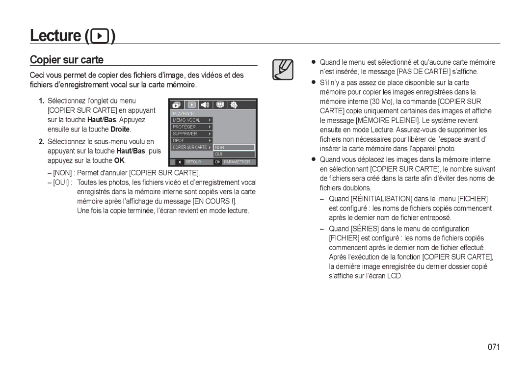 Samsung EC-L310WNBA/FR, EC-L310WBBA/FR, EC-L310WSBA/FR manual Copier sur carte, 071, NON Permet dannuler Copier SUR Carte 