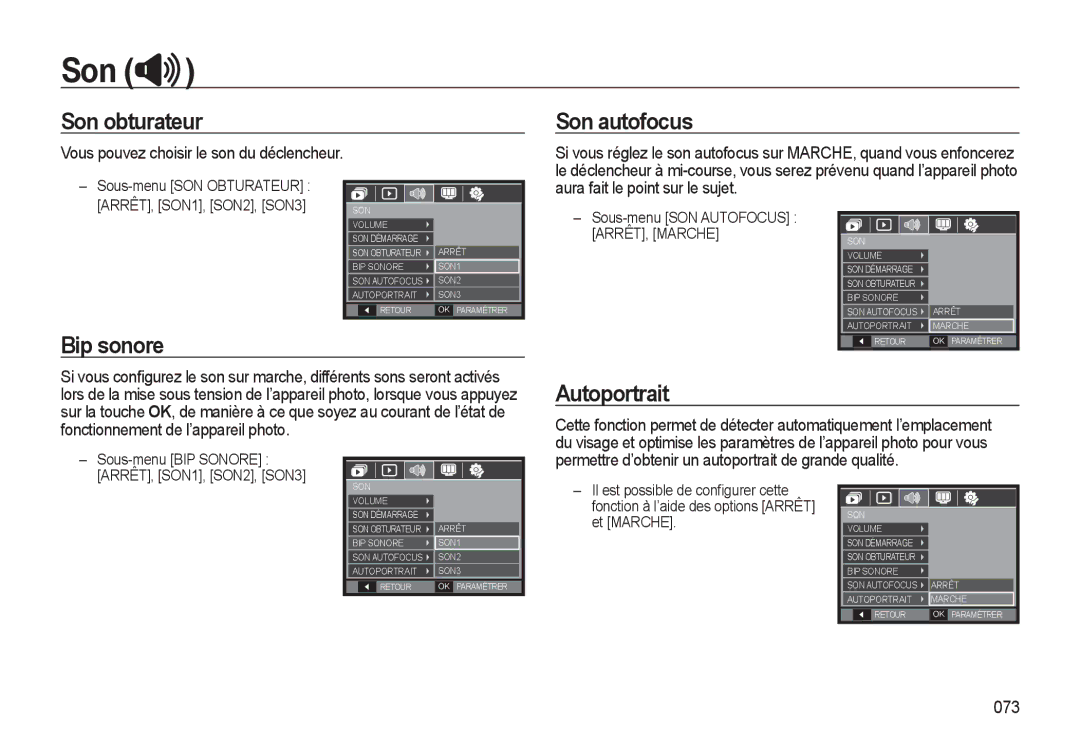 Samsung EC-L310WSBA/FR, EC-L310WNBA/FR manual Bip sonore, Autoportrait, Fonctionnement de l’appareil photo, 073, Et Marche 