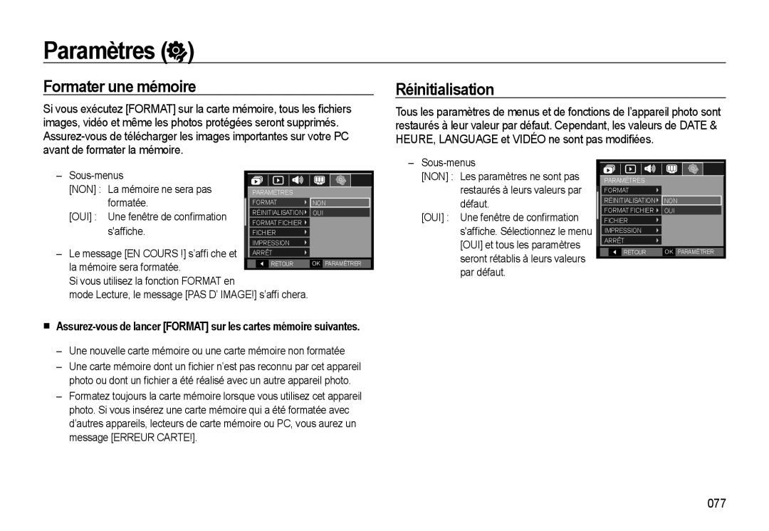 Samsung EC-L310WSBA/FR, EC-L310WNBA/FR, EC-L310WBBA/FR manual Paramètres, Formater une mémoire, Réinitialisation, 077 