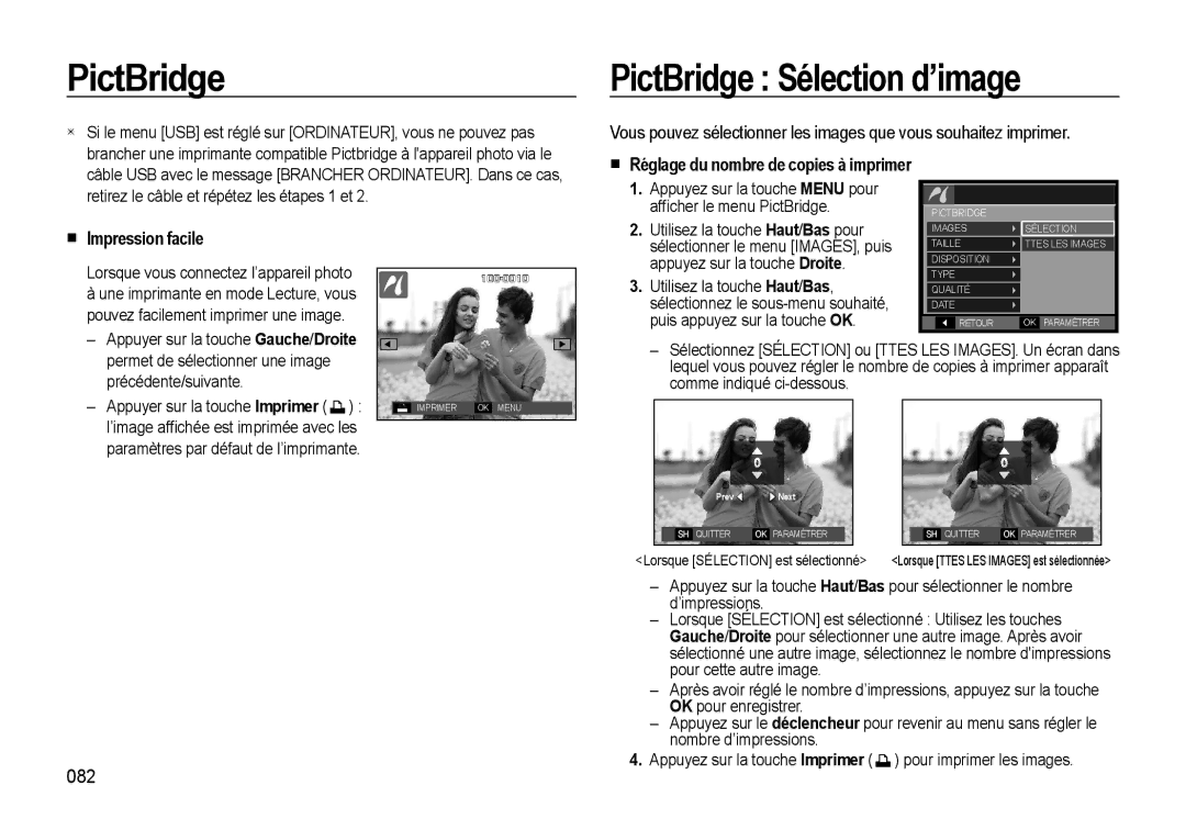 Samsung EC-L310WPBA/FR manual PictBridge Sélection d’image, Réglage du nombre de copies à imprimer, Impression facile, 082 