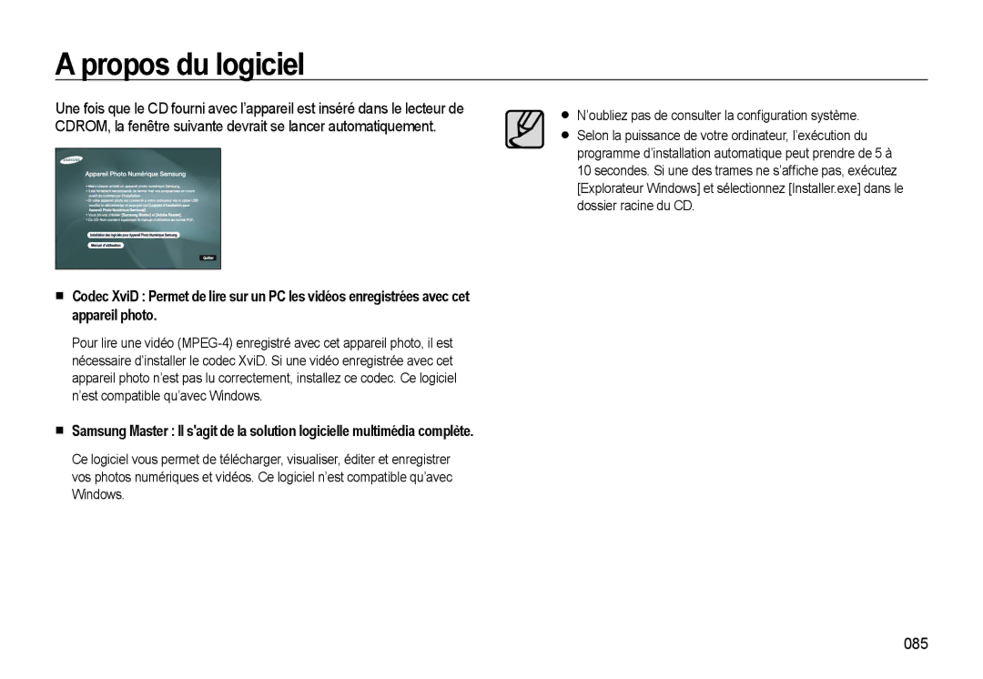 Samsung EC-L310WSBA/FR, EC-L310WNBA/FR, EC-L310WBBA/FR, EC-L310WPBA/FR manual Propos du logiciel, 085 