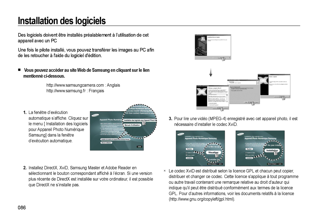 Samsung EC-L310WPBA/FR manual Installation des logiciels, 086, La fenêtre d’exécution automatique s’afﬁche. Cliquez sur 