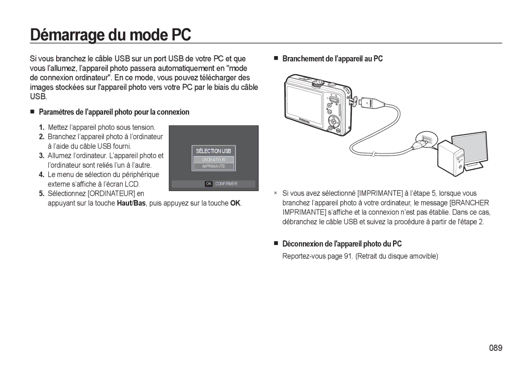 Samsung EC-L310WSBA/FR, EC-L310WNBA/FR manual Démarrage du mode PC, Paramètres de l’appareil photo pour la connexion, 089 