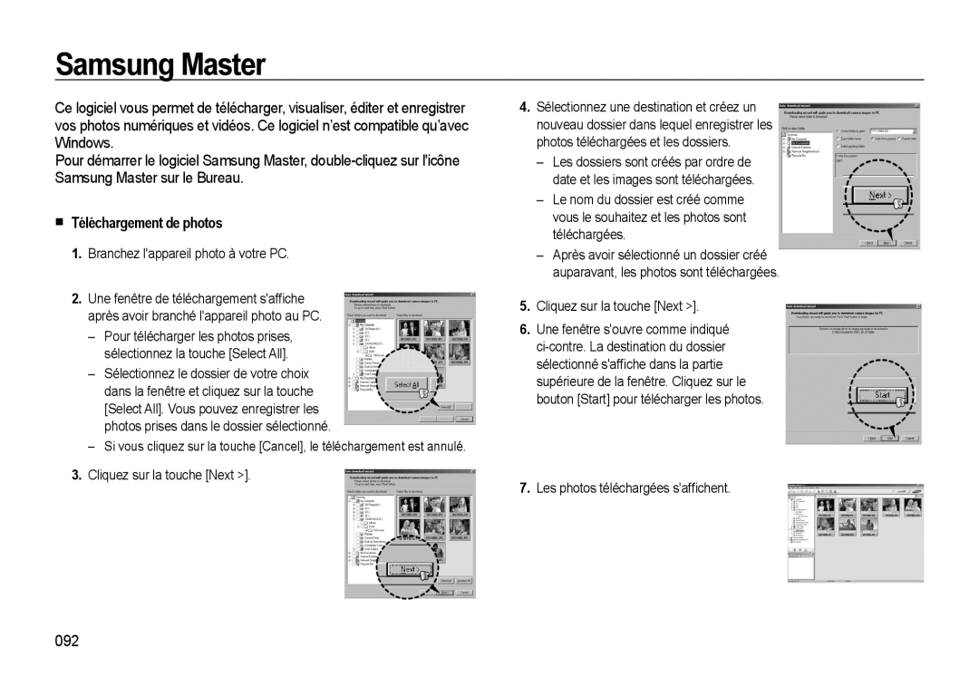 Samsung EC-L310WBBA/FR, EC-L310WNBA/FR Samsung Master, Téléchargement de photos, 092, Branchez lappareil photo à votre PC 