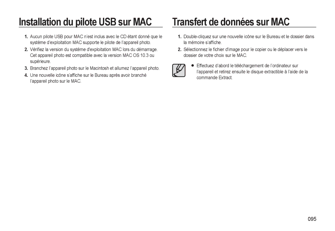 Samsung EC-L310WNBA/FR, EC-L310WBBA/FR, EC-L310WSBA/FR, EC-L310WPBA/FR manual Transfert de données sur MAC, 095 