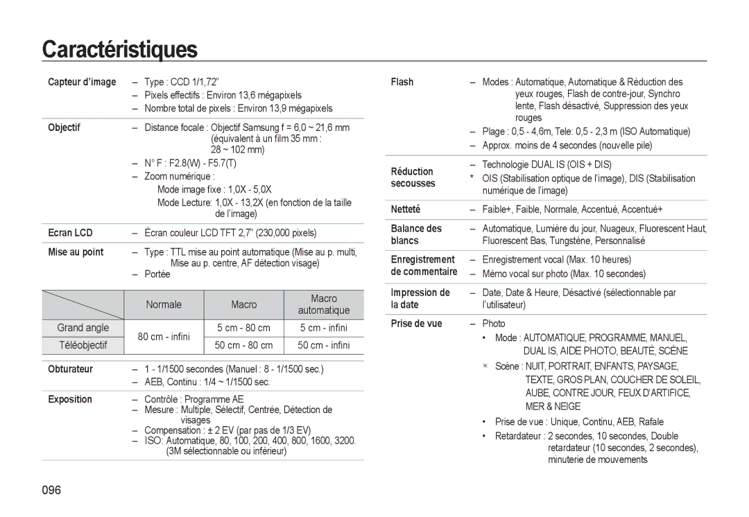 Samsung EC-L310WBBA/FR, EC-L310WNBA/FR, EC-L310WSBA/FR, EC-L310WPBA/FR manual Caractéristiques, 096 