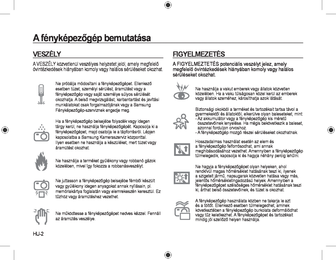Samsung EC-L310WNBA/RU, EC-L310WNBA/FR, EC-L310WBBA/FR manual Veszély, Figyelmezetés, HU-2, A fényképezőgép bemutatása 