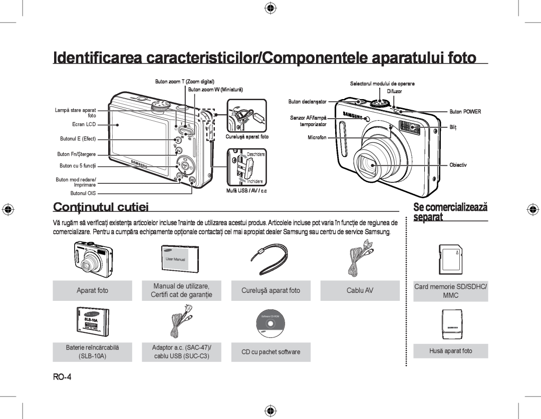 Samsung EC-L310WBBC/IT manual Identiﬁcarea caracteristicilor/Componentele aparatului foto, Conţinutul cutiei, separat, RO-4 