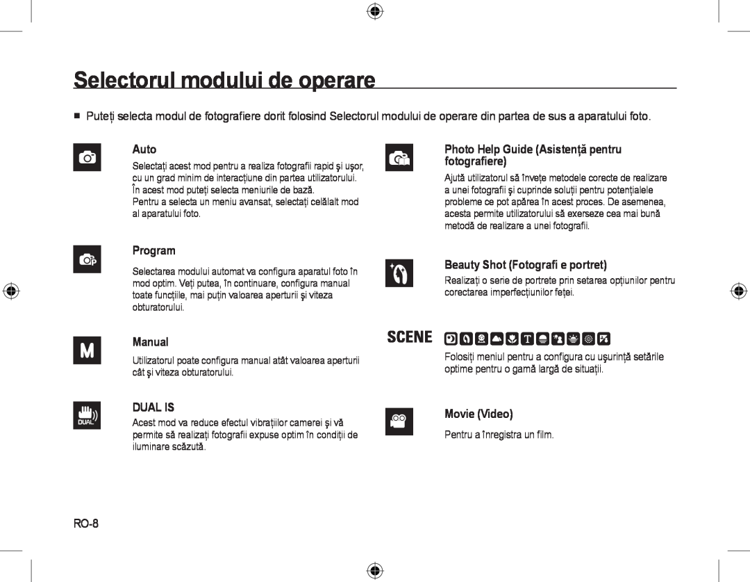 Samsung EC-L310WSBA/E1 Selectorul modului de operare, Photo Help Guide Asistenţă pentru fotograﬁere, Movie Video, RO-8 