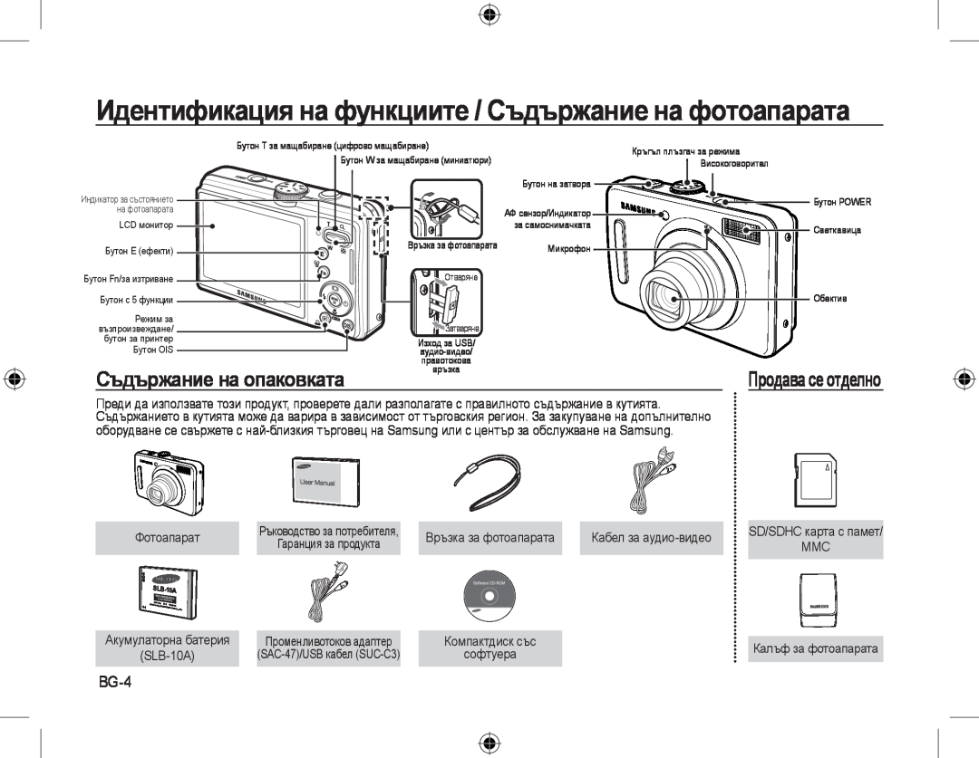 Samsung EC-L310WSBA/E2 manual Идентификация на функциите / Съдържание на фотоапарата, Съдържание на опаковката, BG-4 