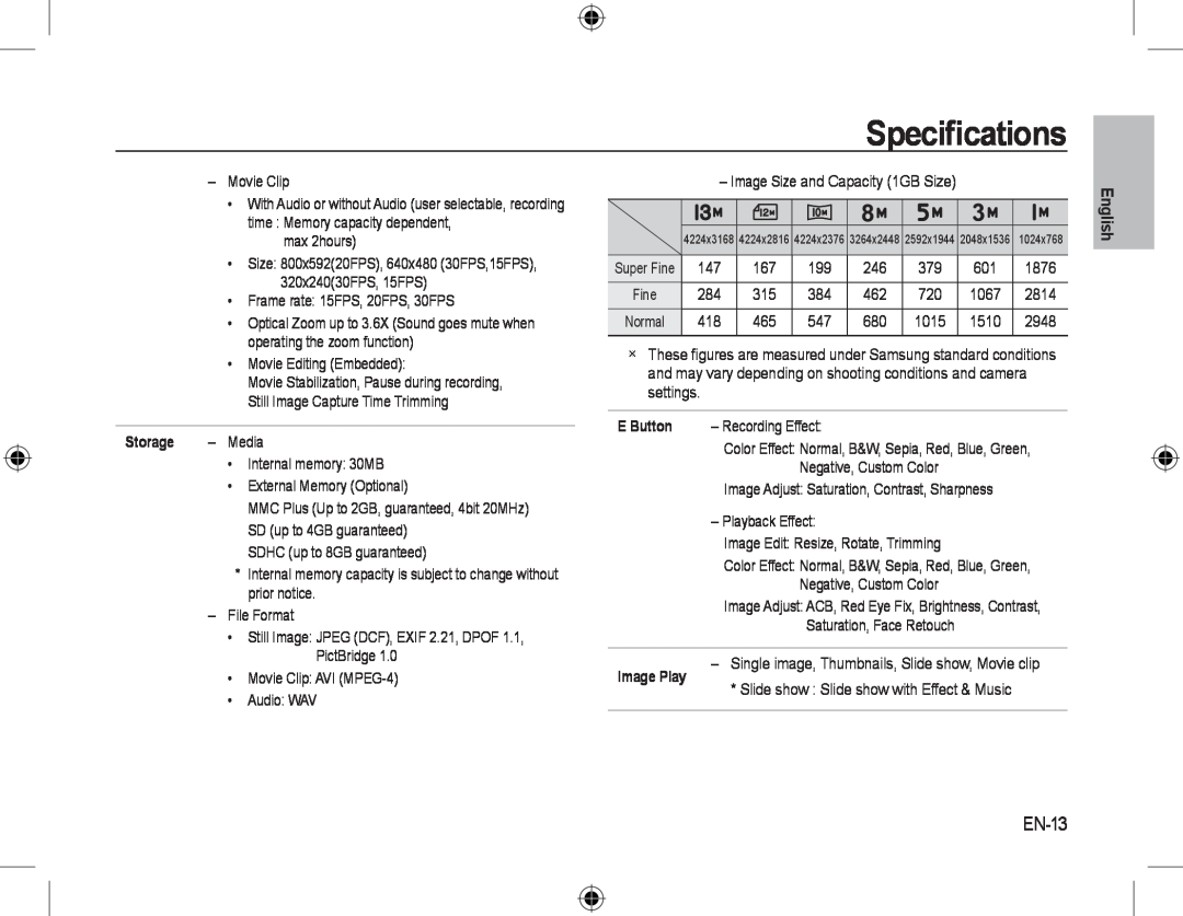 Samsung EC-L310WPBA/IT, EC-L310WNBA/FR, EC-L310WBBA/FR, EC-L310WSBA/FR EN-13, Speciﬁcations, E Button, Storage, Image Play 