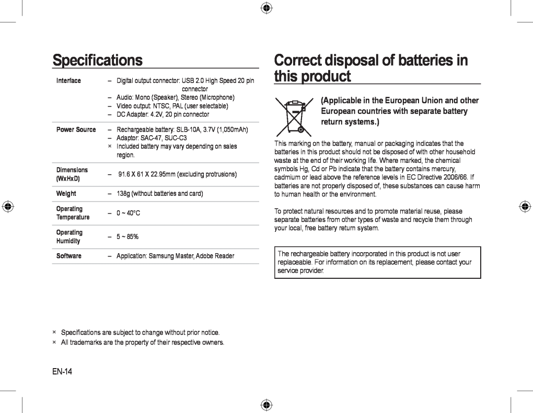 Samsung EC-L310WPBB/IT, EC-L310WNBA/FR, EC-L310WBBA/FR Correct disposal of batteries in this product, EN-14, Speciﬁcations 