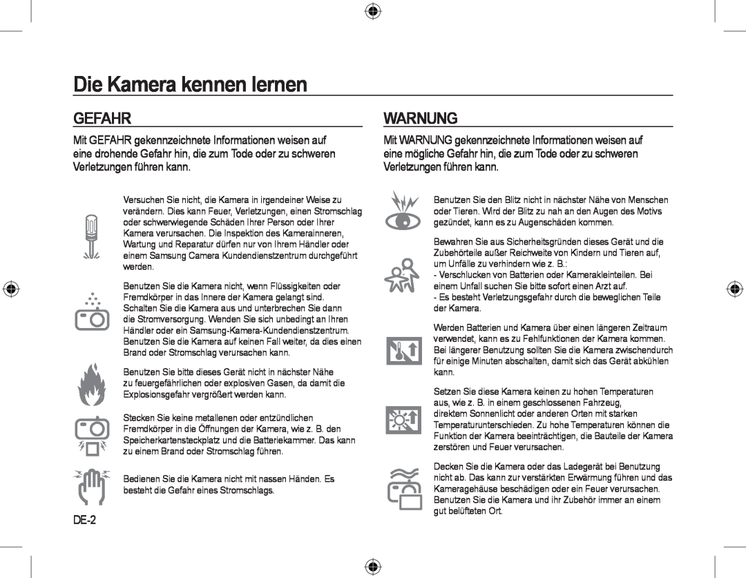 Samsung EC-L310WNBA/VN, EC-L310WNBA/FR, EC-L310WBBA/FR, EC-L310WSBA/FR manual Gefahr, Warnung, DE-2, Die Kamera kennen lernen 