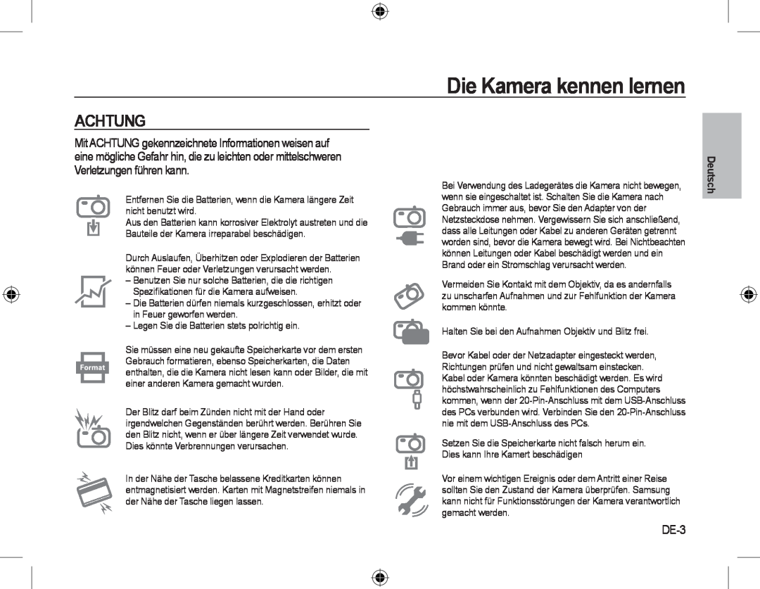 Samsung EC-L310WSBA/VN, EC-L310WNBA/FR, EC-L310WBBA/FR, EC-L310WSBA/FR manual Achtung, DE-3, Die Kamera kennen lernen 