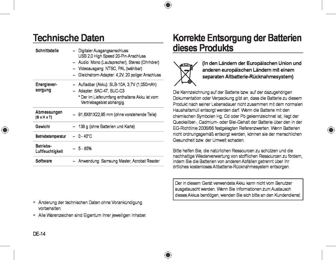 Samsung EC-L310WNBA/E2, EC-L310WNBA/FR manual Korrekte Entsorgung der Batterien dieses Produkts, DE-14, Technische Daten 