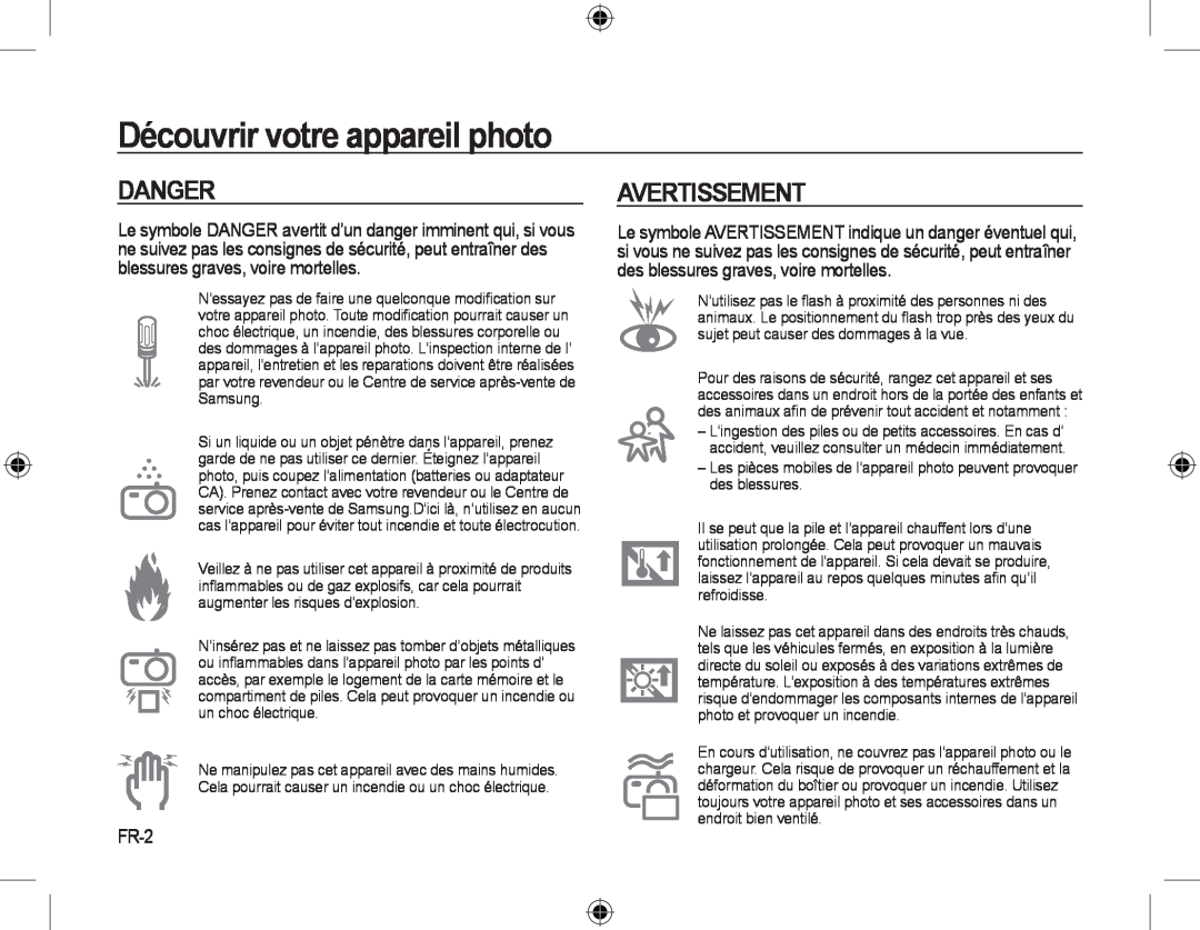 Samsung EC-L310WNBA/RU, EC-L310WNBA/FR, EC-L310WBBA/FR manual Avertissement, FR-2, Découvrir votre appareil photo, Danger 