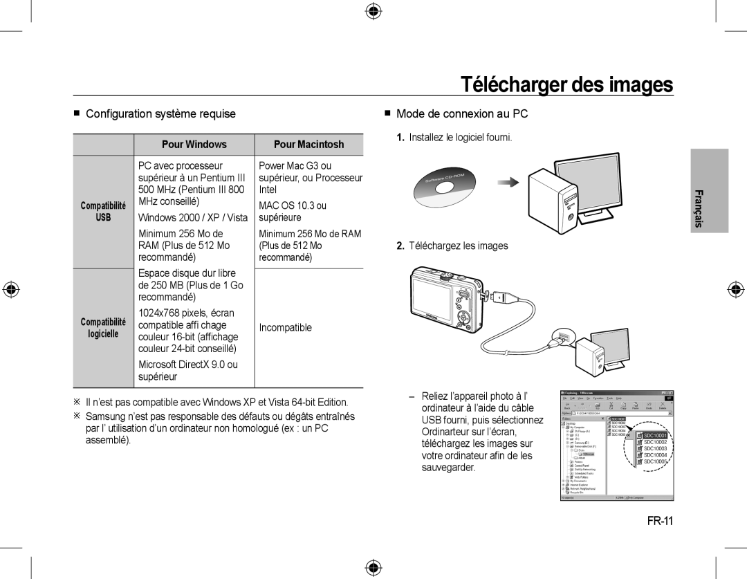 Samsung EC-L310WSBA/IT manual Télécharger des images,  Conﬁguration système requise,  Mode de connexion au PC, FR-11 