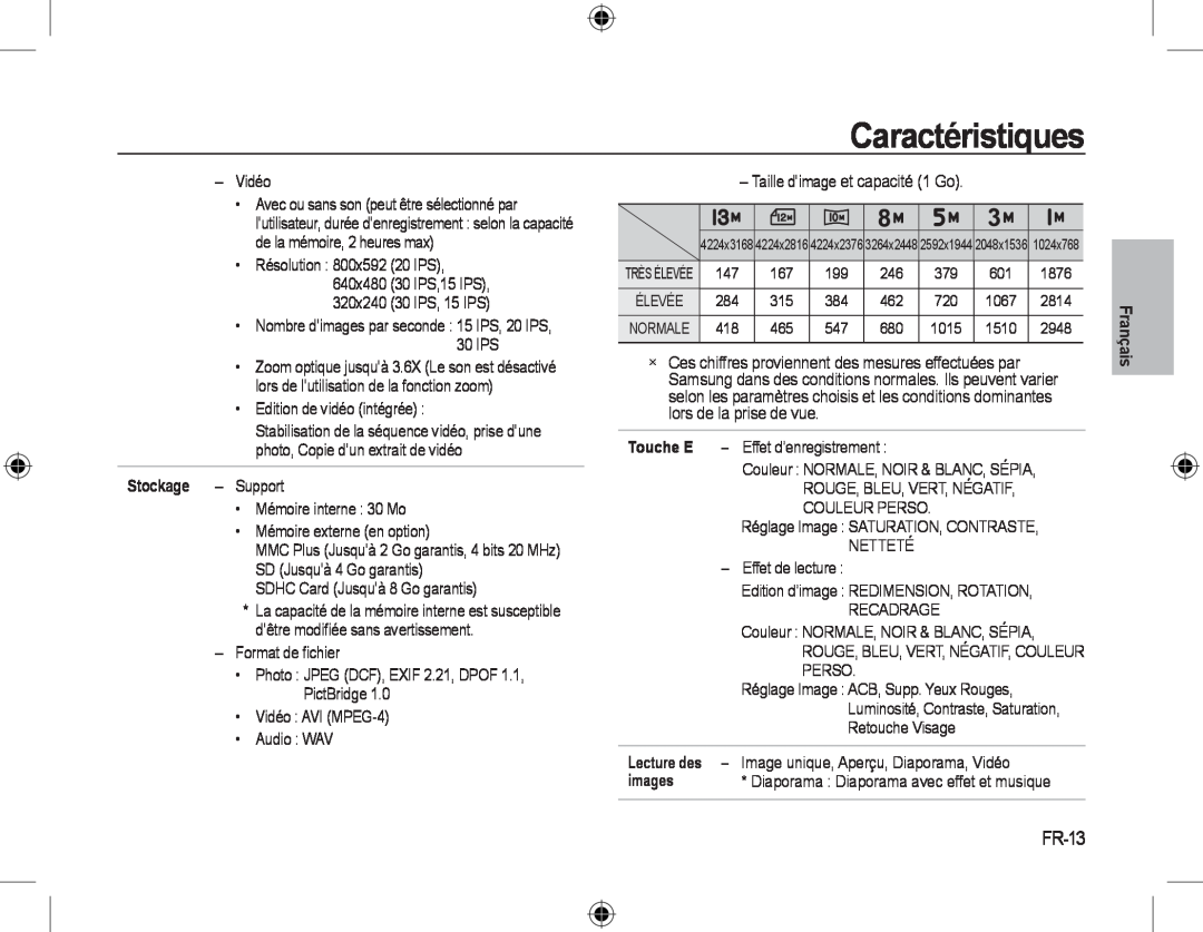 Samsung EC-L310WPBC/IT, EC-L310WNBA/FR, EC-L310WBBA/FR FR-13, Caractéristiques, Touche E, Stockage, Lecture des, images 