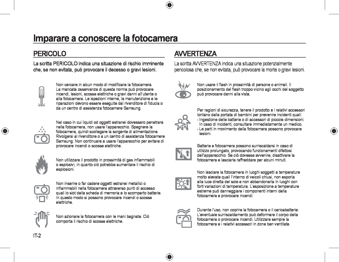 Samsung EC-L310WSBB/IT, EC-L310WNBA/FR, EC-L310WBBA/FR manual Pericolo, Avvertenza, IT-2, Imparare a conoscere la fotocamera 