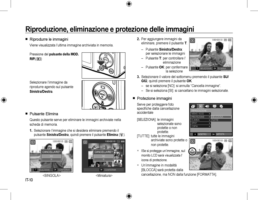 Samsung EC-L310WSBA/VN manual Riproduzione, eliminazione e protezione delle immagini,  Riprodurre le immagini, IT-10 