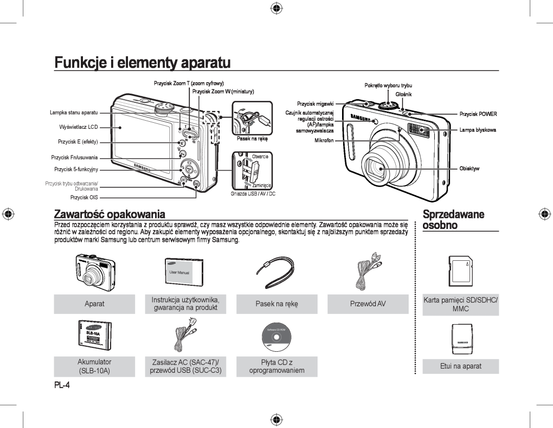 Samsung EC-L310WSBA/E2, EC-L310WNBA/FR manual Funkcje i elementy aparatu, Zawartość opakowania, Sprzedawane osobno, PL-4 