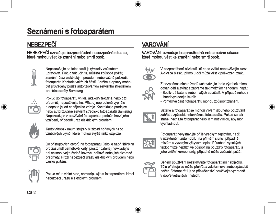 Samsung EC-L310WPBA/FR, EC-L310WNBA/FR, EC-L310WBBA/FR, EC-L310WSBA/FR Nebezpečí, Varování, CS-2, Seznámení s fotoaparátem 