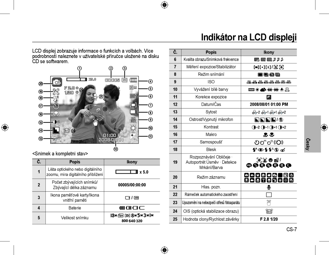 Samsung EC-L310WNBB/IT manual Indikátor na LCD displeji, Snímek a kompletní stav, CS-7, 00005, 0100 PM, 1/20, 2008/08/01 