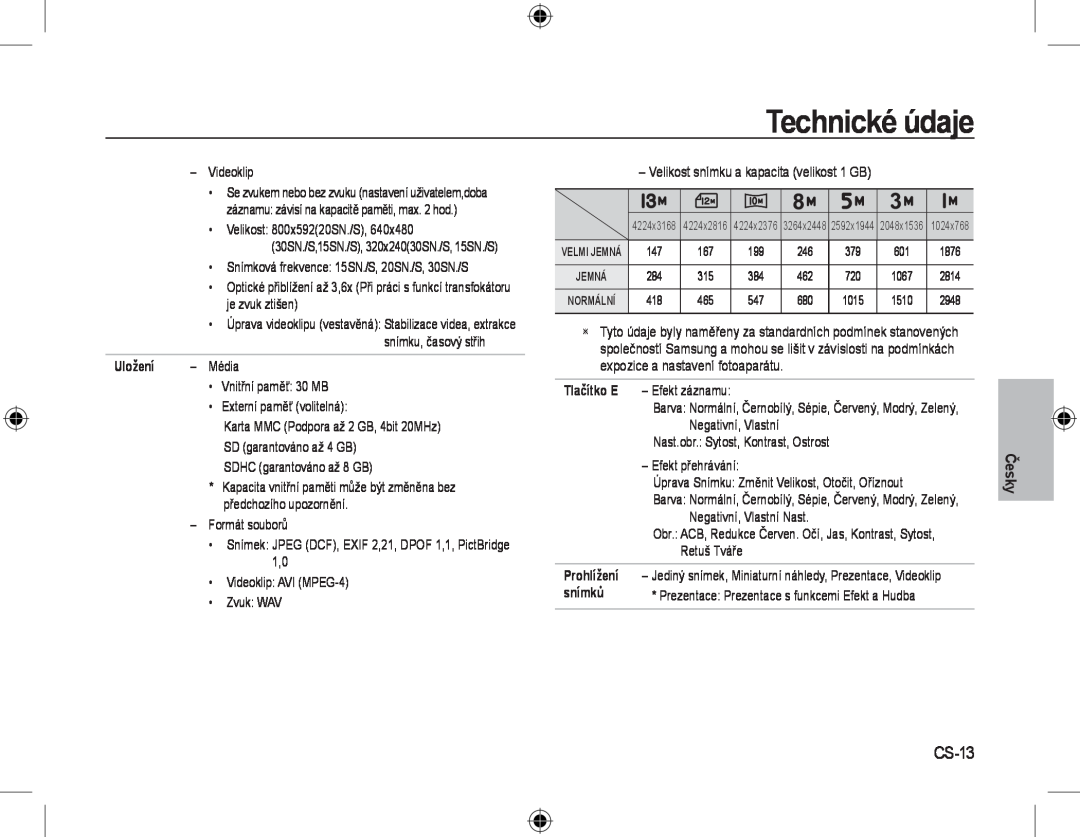 Samsung EC-L310WPBA/IT, EC-L310WNBA/FR, EC-L310WBBA/FR, EC-L310WSBA/FR, EC-L310WPBA/FR, EC-L310WBBA/IT CS-13, Technické údaje 