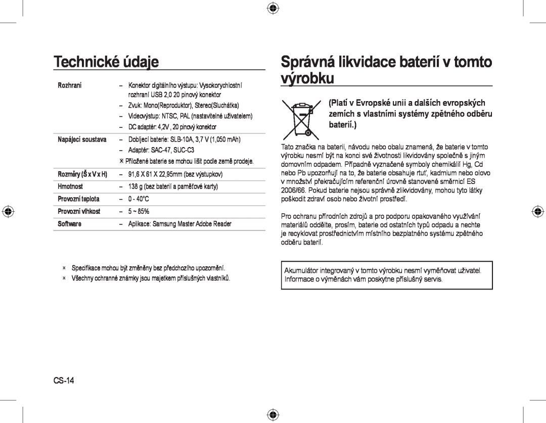 Samsung EC-L310WPBB/IT manual Správná likvidace baterií v tomto výrobku, CS-14, Technické údaje, Napájecí soustava 