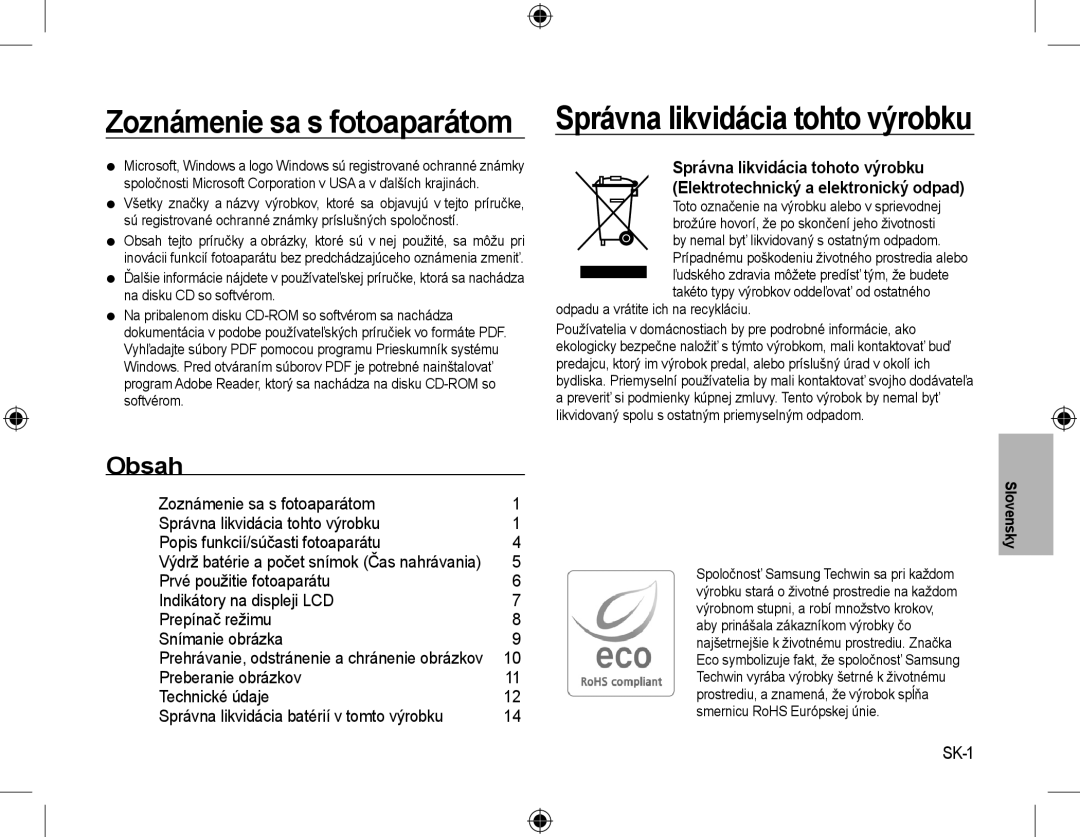 Samsung EC-L310WSBA/E1, EC-L310WNBA/FR Zoznámenie sa s fotoaparátom, Správna likvidácia tohto výrobku, Obsah, Slovensky 