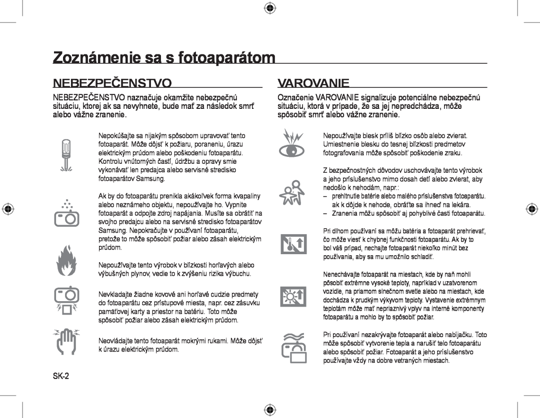 Samsung EC-L310WNBA/VN, EC-L310WNBA/FR, EC-L310WBBA/FR manual Nebezpečenstvo, Varovanie, SK-2, Zoznámenie sa s fotoaparátom 