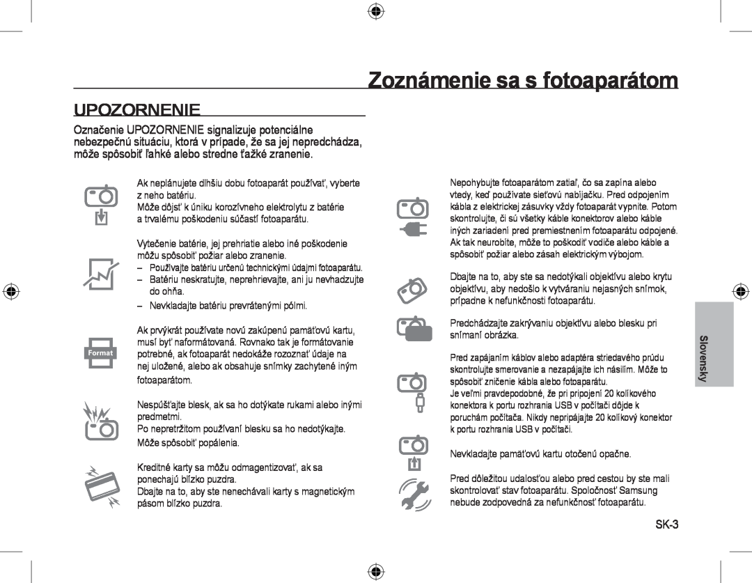 Samsung EC-L310WSBA/VN, EC-L310WNBA/FR, EC-L310WBBA/FR, EC-L310WSBA/FR manual Upozornenie, SK-3, Zoznámenie sa s fotoaparátom 