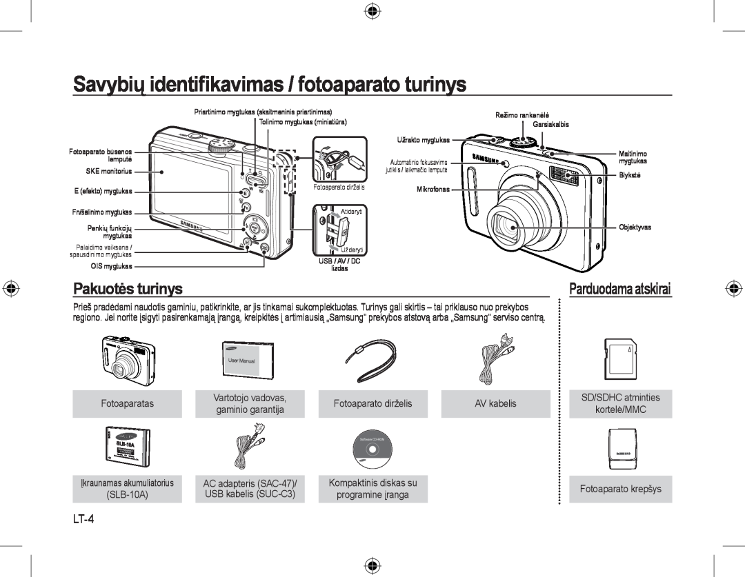 Samsung EC-L310WBBA/RU manual Savybių identiﬁkavimas / fotoaparato turinys, Pakuotės turinys, Parduodama atskirai, LT-4 