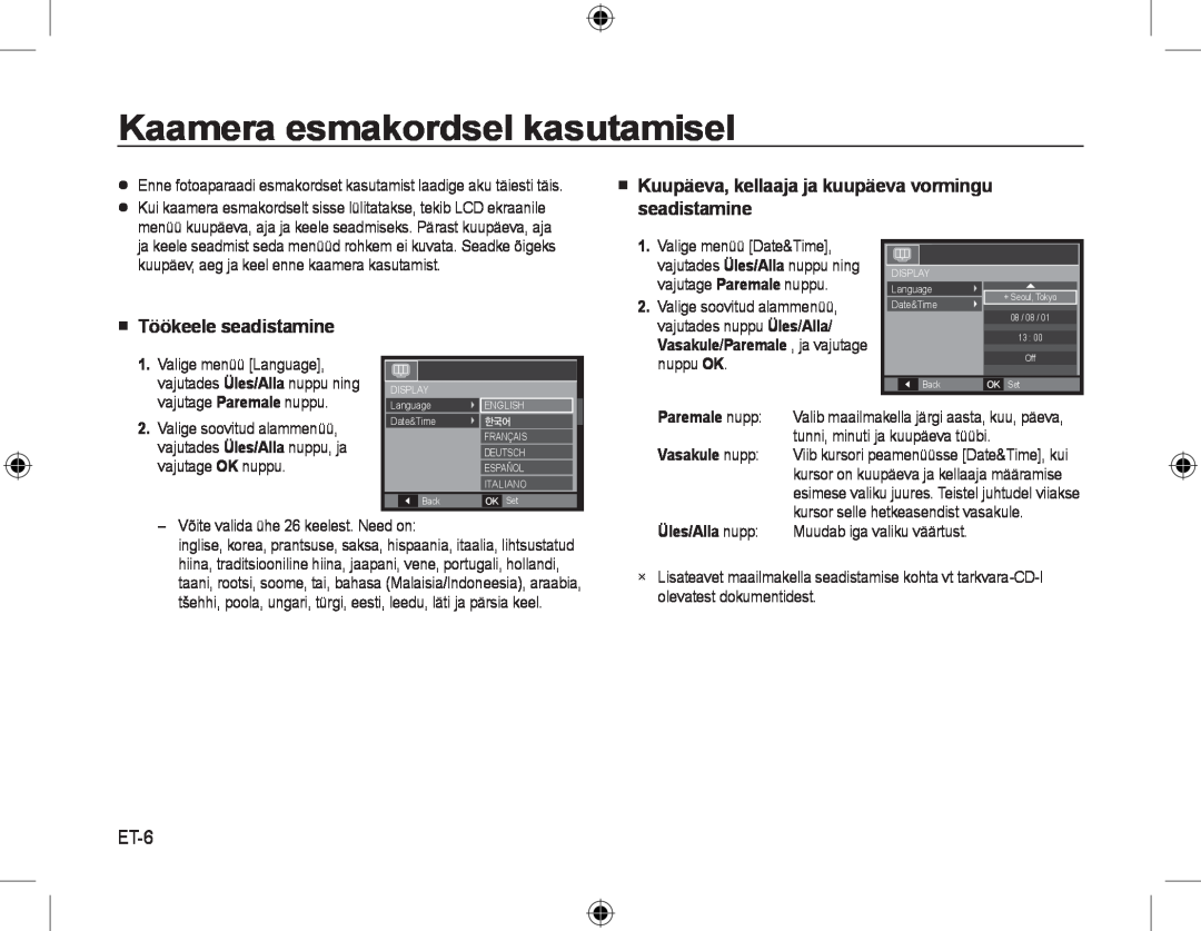 Samsung EC-L310WPBA/IT manual Kaamera esmakordsel kasutamisel, ET-6,  Kuupäeva, kellaaja ja kuupäeva vormingu seadistamine 