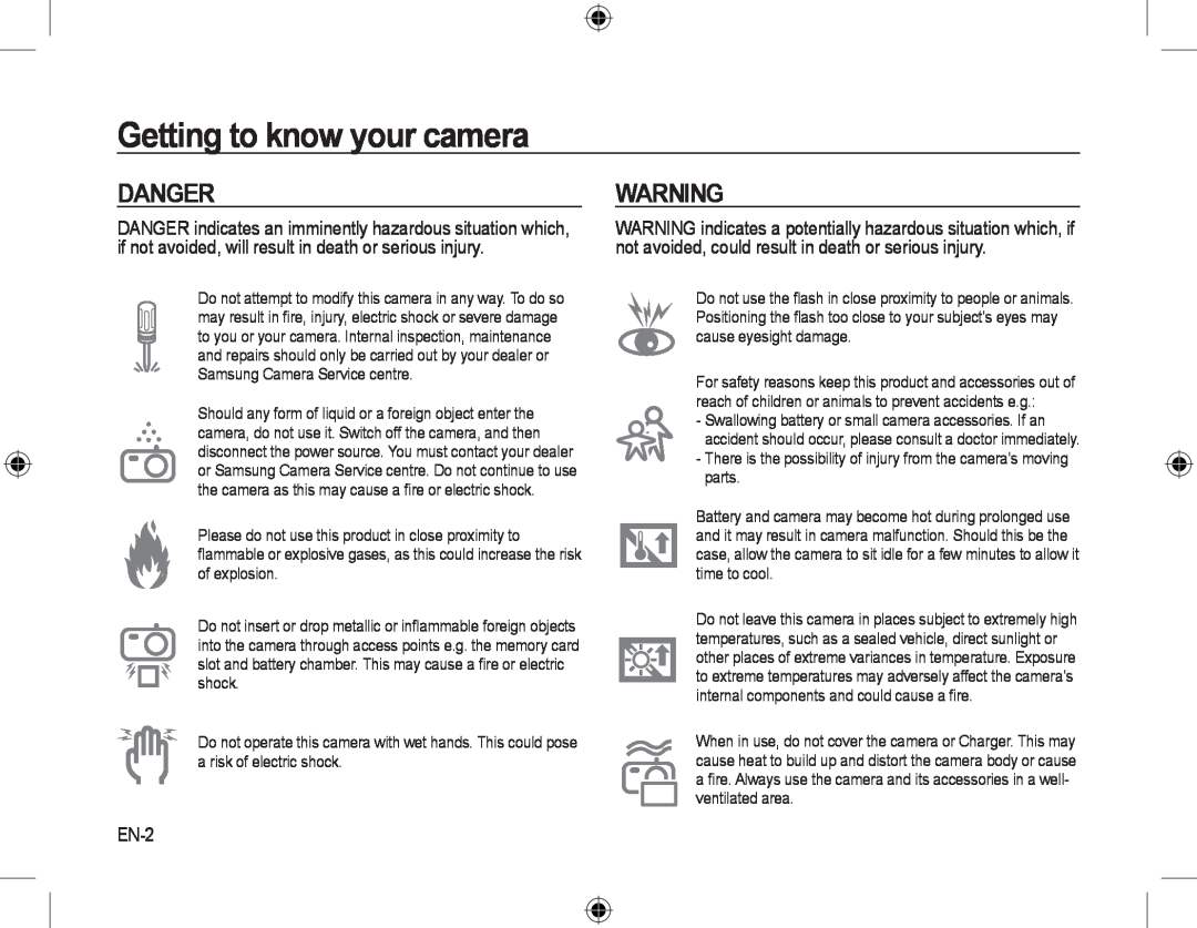 Samsung EC-L310WPBA/FR, EC-L310WNBA/FR, EC-L310WBBA/FR, EC-L310WSBA/FR manual Danger, EN-2, Getting to know your camera 