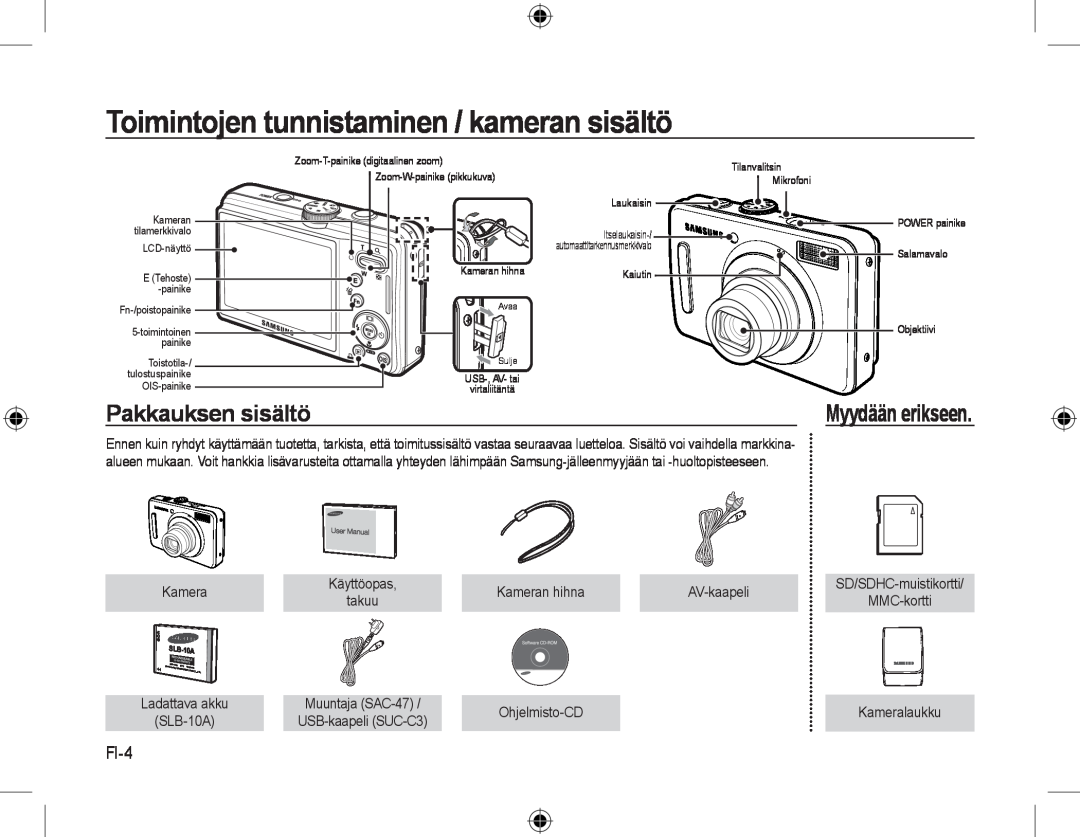 Samsung EC-L310WBBA/RU, EC-L310WNBA/FR manual Toimintojen tunnistaminen / kameran sisältö, FI-4, Pakkauksen sisältö 