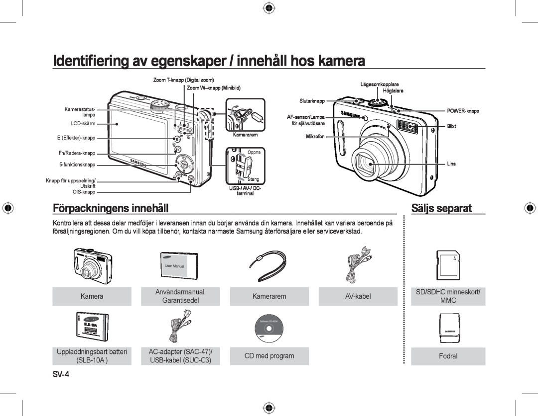 Samsung EC-L310WBBC/IT Identiﬁering av egenskaper / innehåll hos kamera, Förpackningens innehåll, Säljs separat, SV-4 