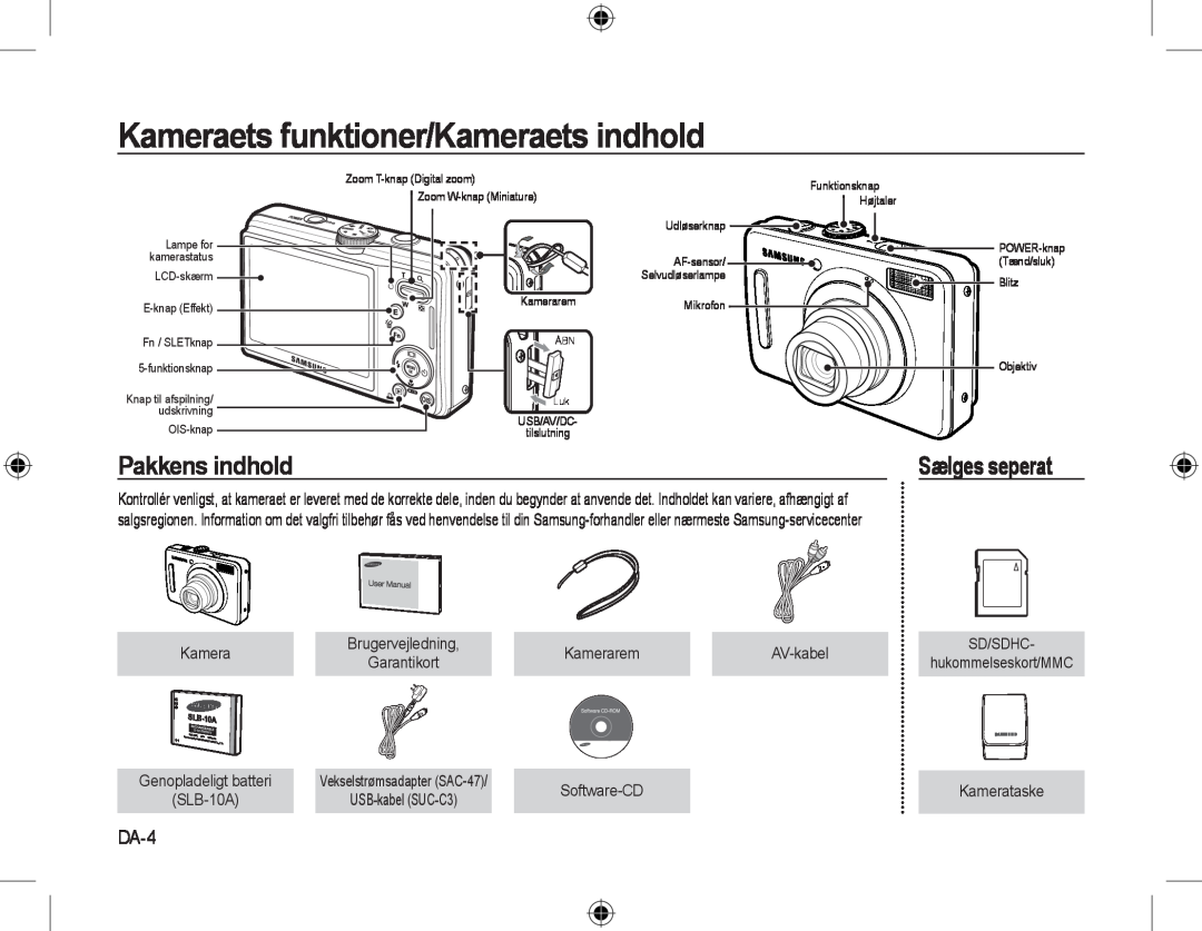 Samsung EC-L310WSBA/E2, EC-L310WNBA/FR manual Kameraets funktioner/Kameraets indhold, Pakkens indhold, Sælges seperat, DA-4 