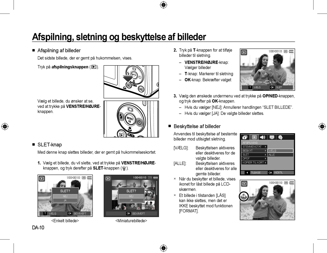 Samsung EC-L310WPBA/RU manual Afspilning, sletning og beskyttelse af billeder,  Afspilning af billeder,  SLET-knap, DA-10 