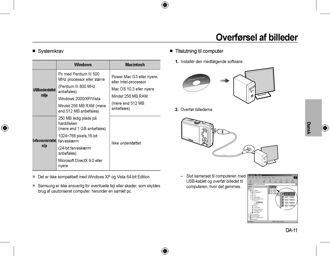 Samsung EC-L310WBBA/RU manual Overførsel af billeder,  Tilslutning til computer, DA-11,  Systemkrav, Softwareunderstøttet 