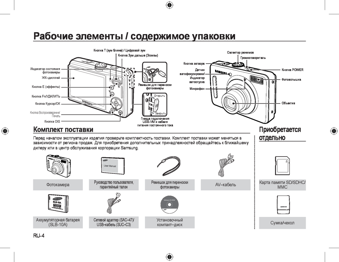 Samsung EC-L310WSBA/IT, EC-L310WNBA/FR manual Рабочие элементы / содержимое упаковки, отдельно, Комплект поставки, RU-4 