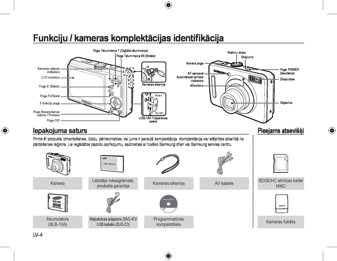 Samsung EC-L310WPBA/VN manual Funkciju / kameras komplektācijas identiﬁkācija, Iepakojuma saturs, Pieejams atsevišķi, LV-4 
