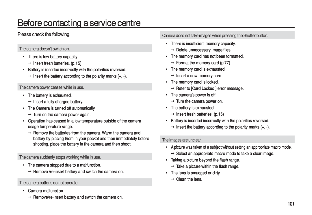Samsung EC-L310WSDA/AS manual Before contacting a service centre, Please check the following, The camera doesn’t switch on 