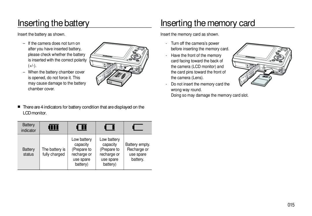 Samsung EC-L310WSBA/E1, EC-L310WNBA/FR, EC-L310WBBA/FR, EC-L310WSBA/FR manual Inserting the battery, Inserting the memory card 