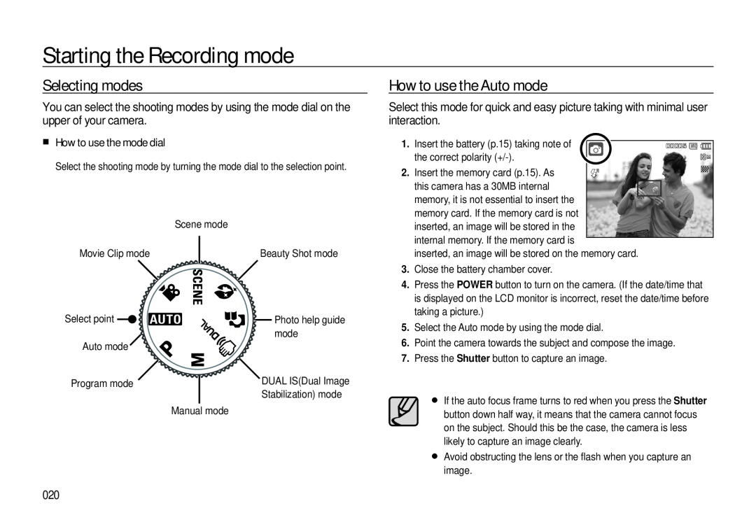 Samsung EC-L310WNDA/AS Starting the Recording mode, Selecting modes, How to use the Auto mode, How to use the mode dial 