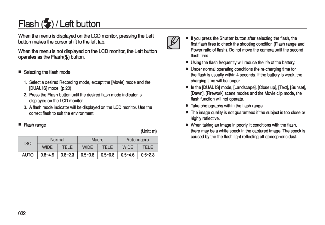 Samsung EC-L310WBBA/E2, EC-L310WNBA/FR, EC-L310WBBA/FR manual Flash / Left button, Selecting the ﬂash mode, Flash range 