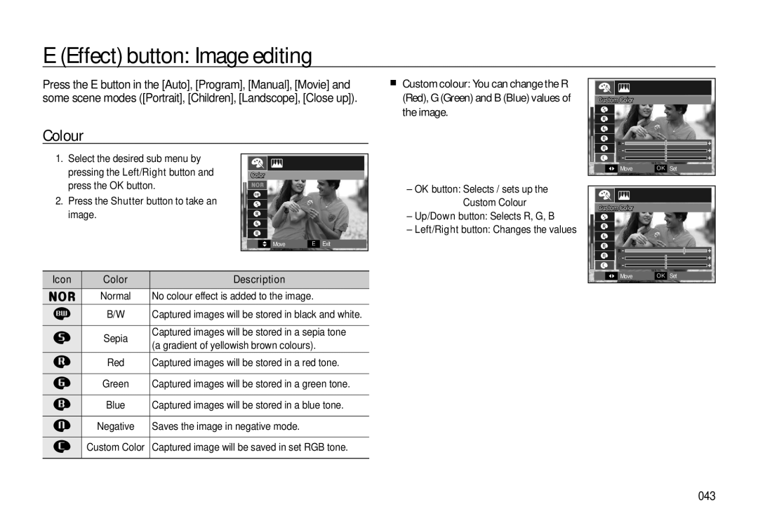 Samsung EC-L310WPBA/FR, EC-L310WNBA/FR, EC-L310WBBA/FR, EC-L310WSBA/FR, EC-L310WBBA/IT E Effect button Image editing, Colour 